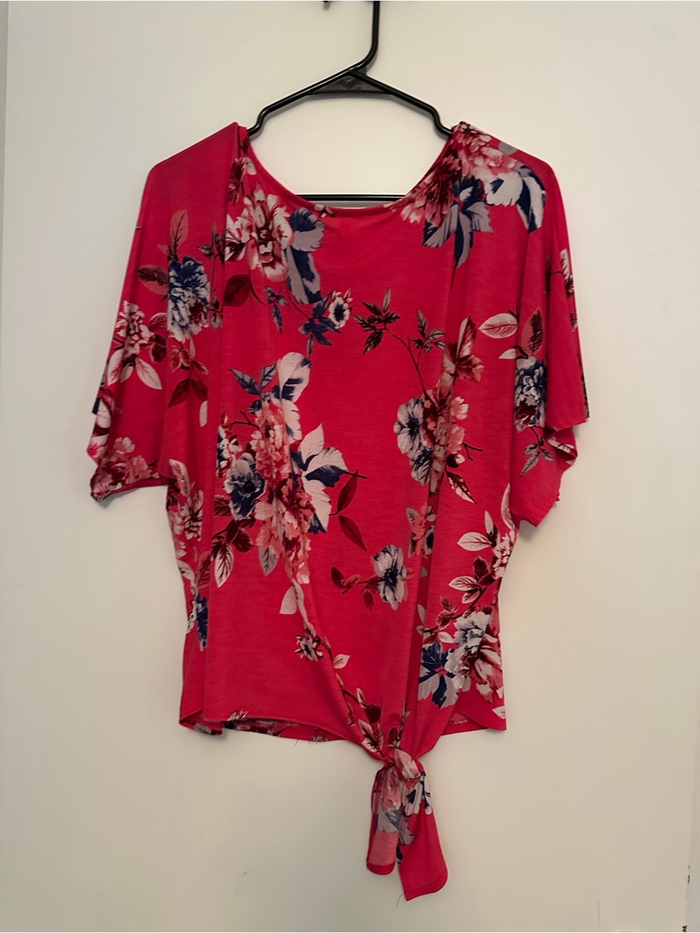Emerald Floral Tie-Front Blouse - Hot Pink & Navy